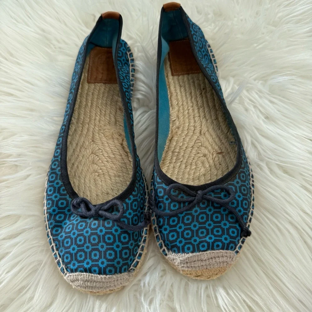 Tory Burch Canvas Ballet Espadrille Flats Navy Blue Geometric Print Bow Shoes 9